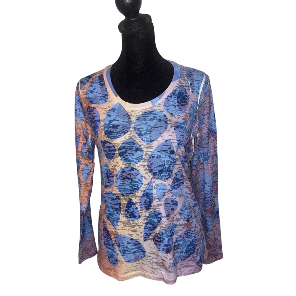 Before Again Abstract Burnout Sheer Top Size S Blue Orange BOHO‎ Festival Casual
